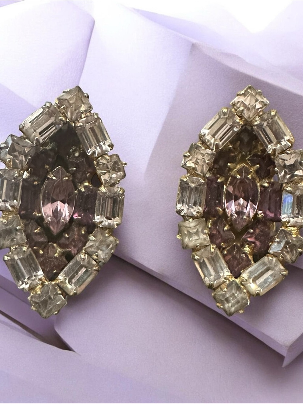 Vintage Clip-on Purple Crystal Statement Earrings - Women Jewelry
